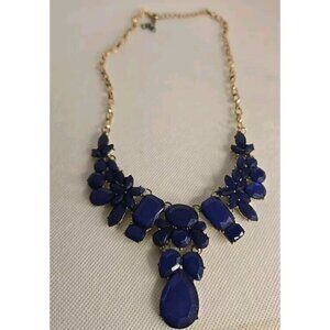 Blue Acrylic/Rhinestone Floral Statement Gold Tone Necklace